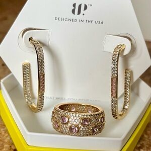 Bomb Party Rose Quartz on Gold Matching Hoop Earrings & Ring Set